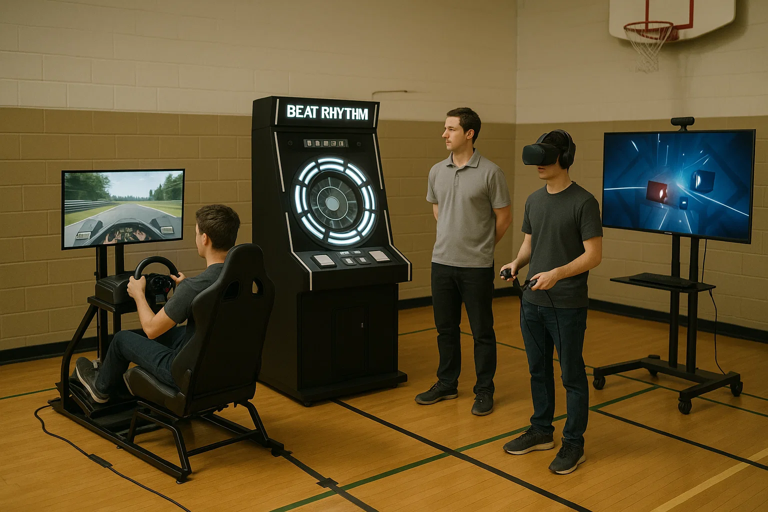 Racing rig, rhythm arcade, and a supervised VR station mirrored to a TV in a school gym