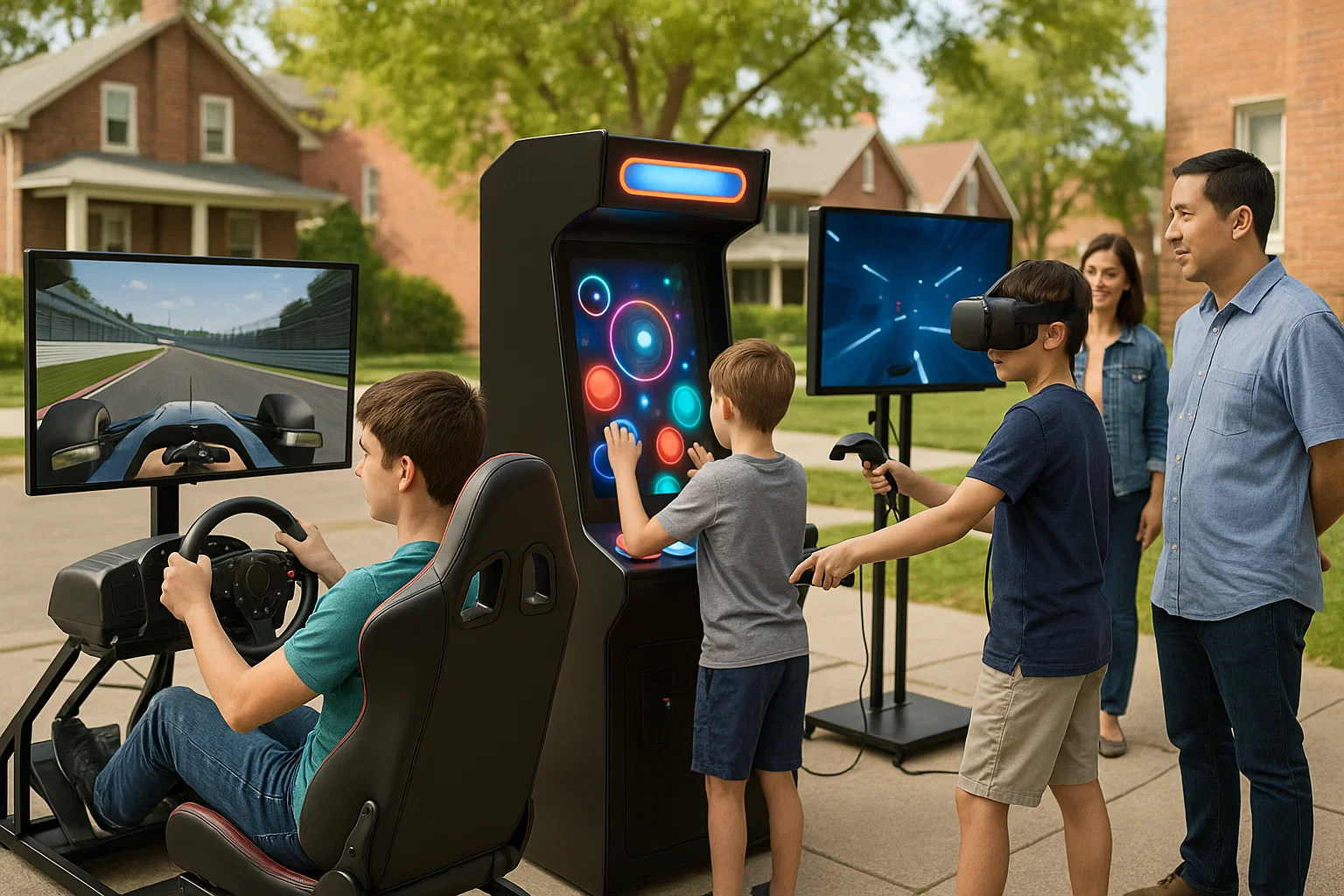 Block party arcade and VR stations with a TV screen for spectators