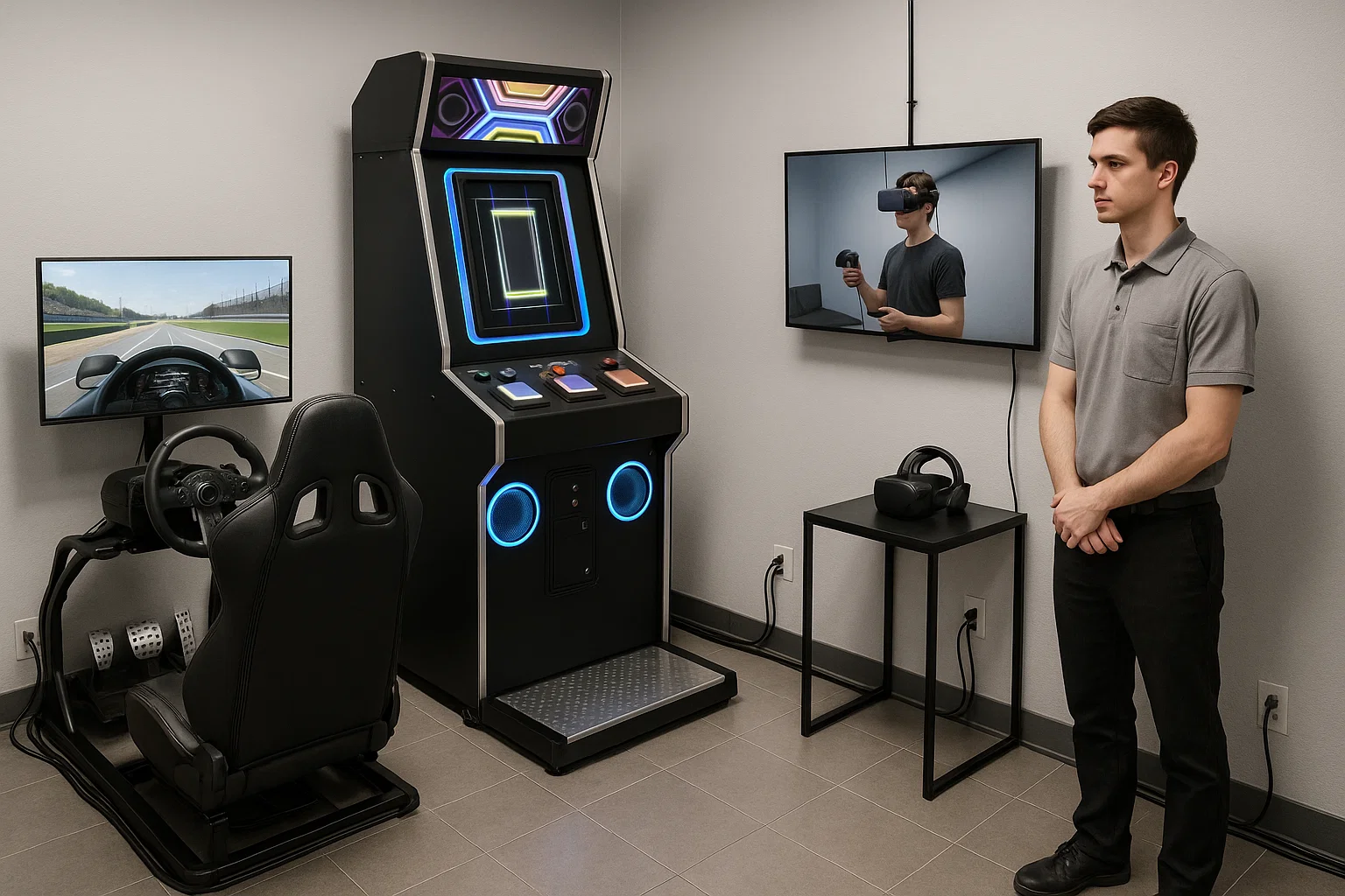 Racing rig, rhythm arcade, and a VR station mirrored to a TV with a technician supervising