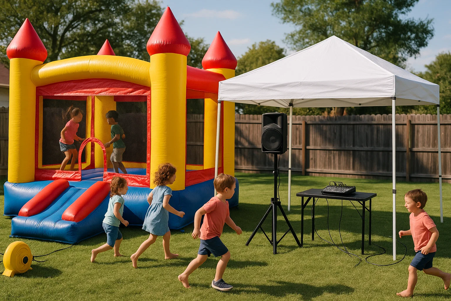 Bounce house with one blower and a small PA under a pop up tent at a family party