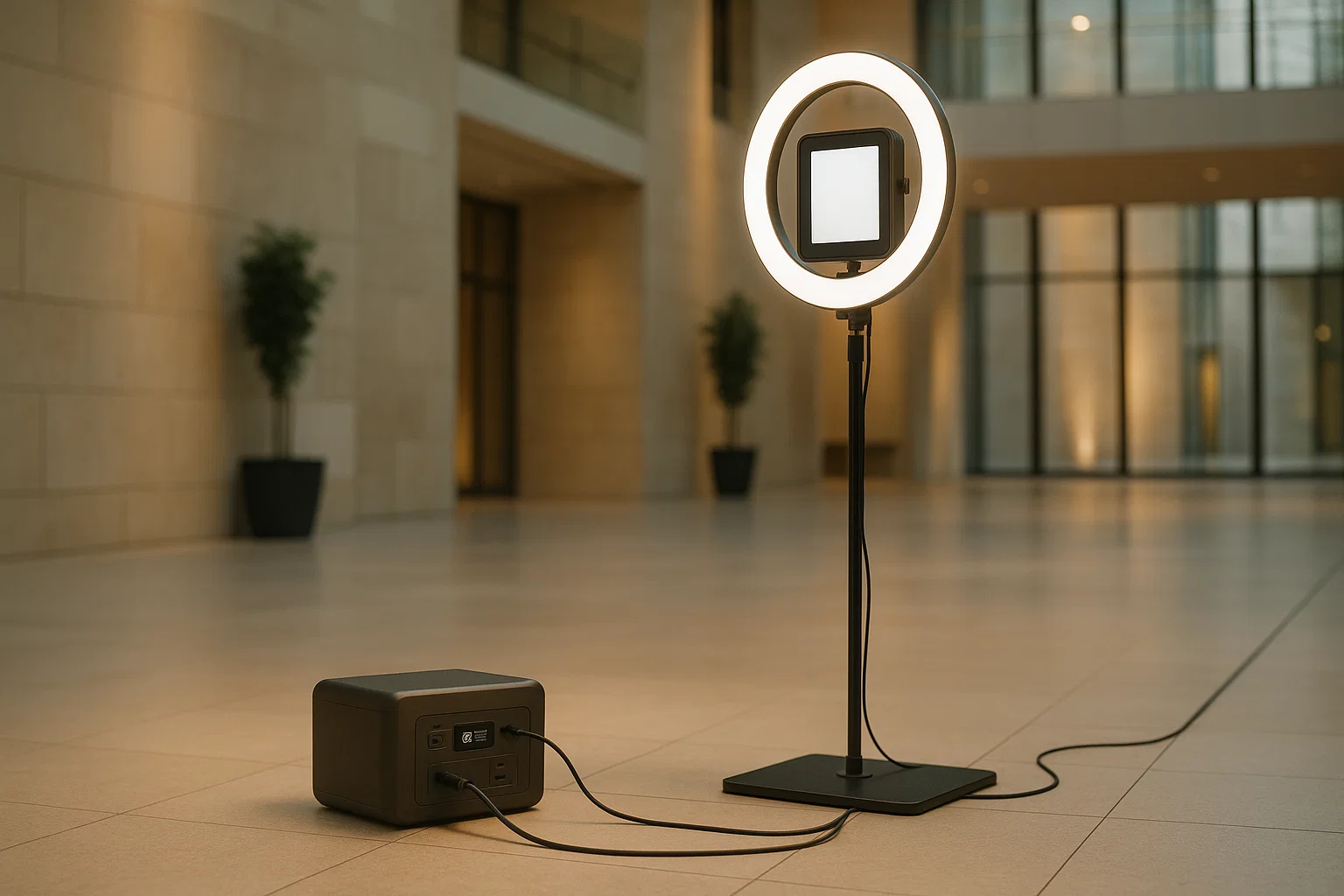 Battery power station running an indoor open air photo booth with a ring light