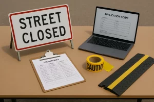 Street sign, petition clipboard, laptop application, and safety gear laid out for planning