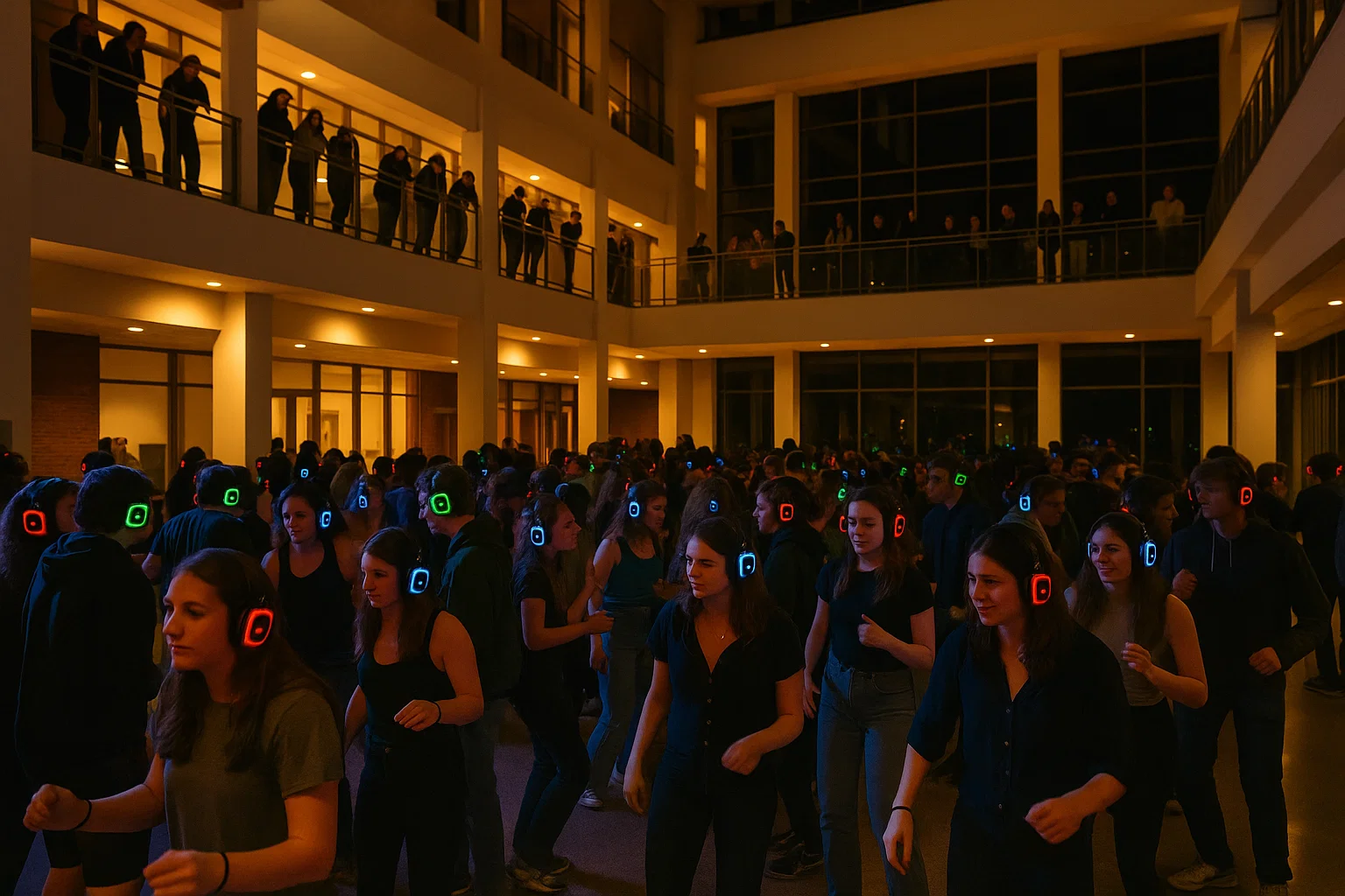Silent disco in a campus union atrium with students wearing LED headsets and glow décor