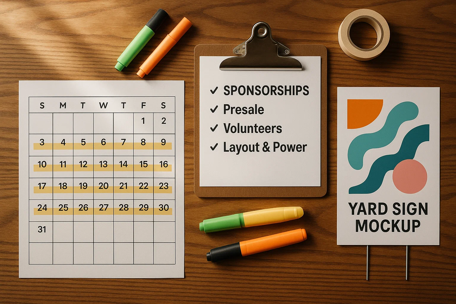 Calendar and checklist with yard-sign mockups for school carnival planning