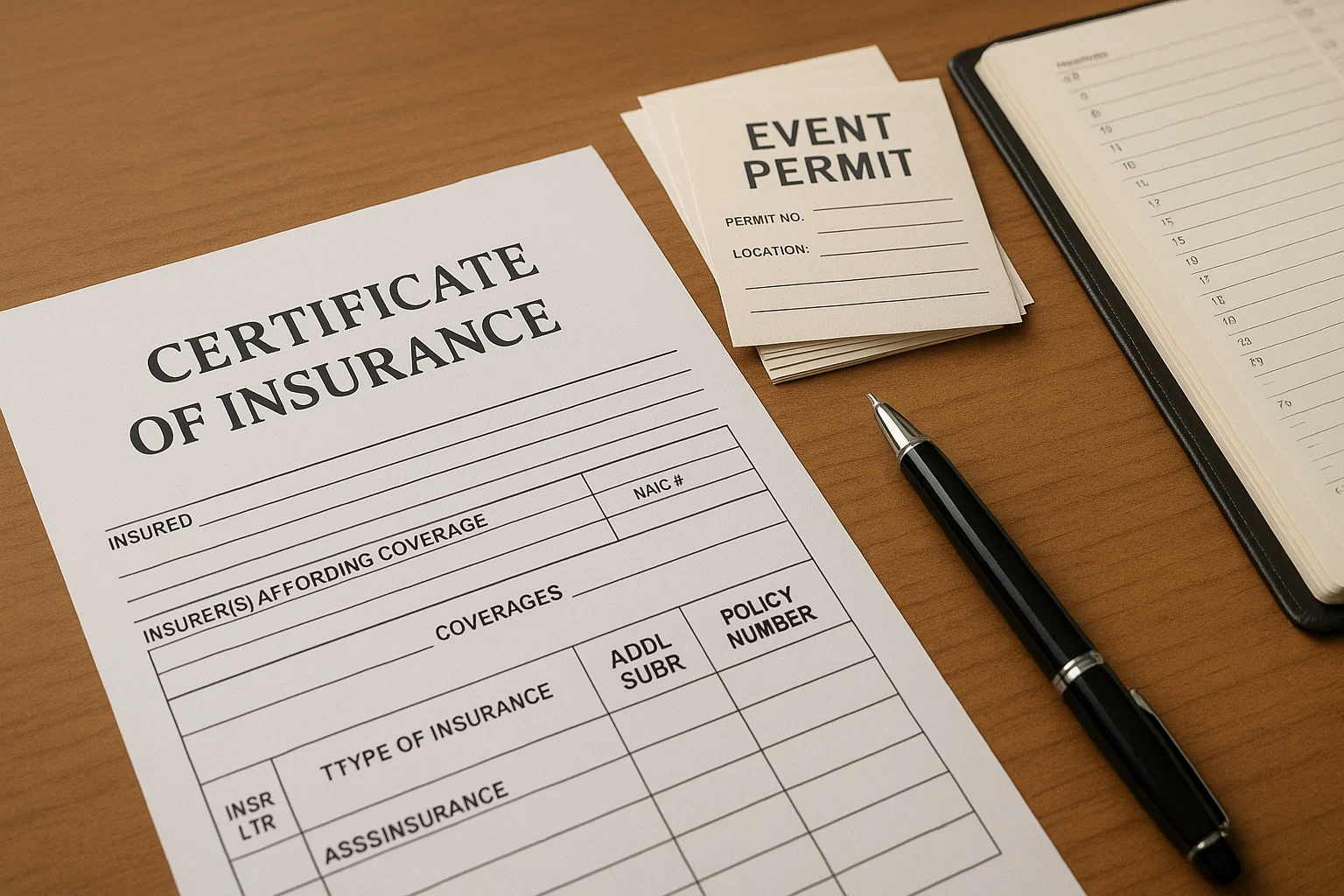 Certificate of Insurance document on a desk next to permit paperwork