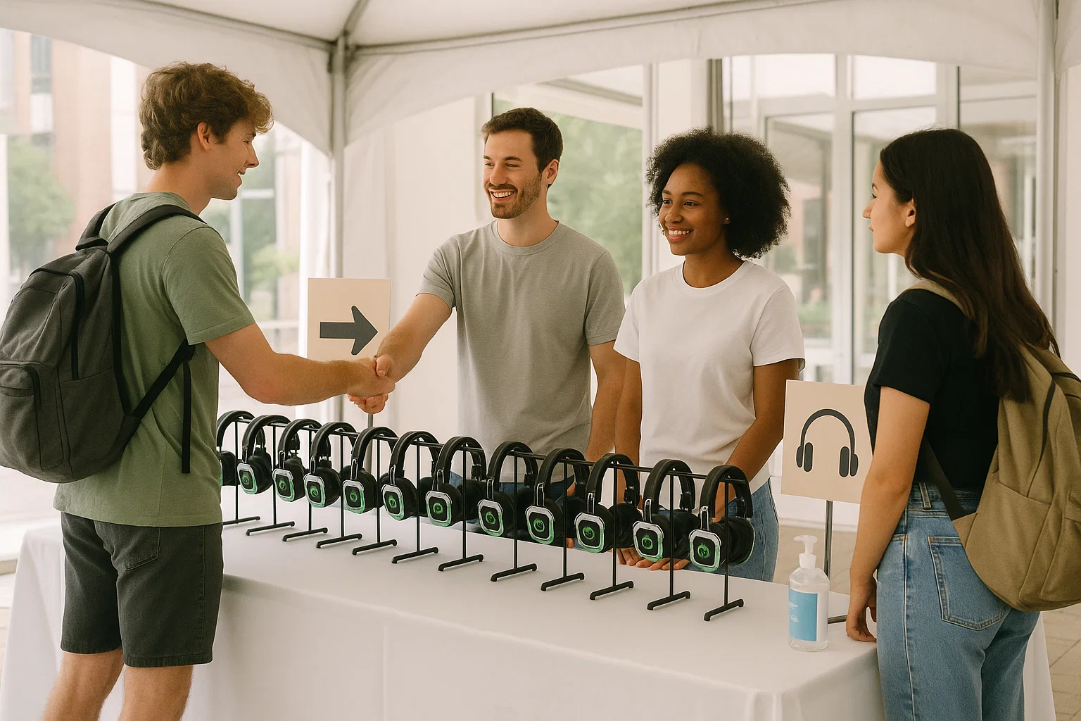 Silent disco check in with headset racks sanitation wipes and staff managing smooth flow