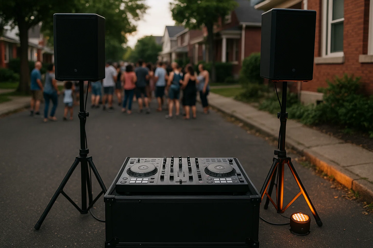 Small DJ controller with two loudspeakers on stands at a residential block party