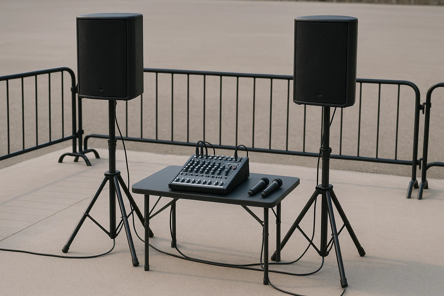 Two speakers on stands with a small mixer and wireless mics for outdoor viewing