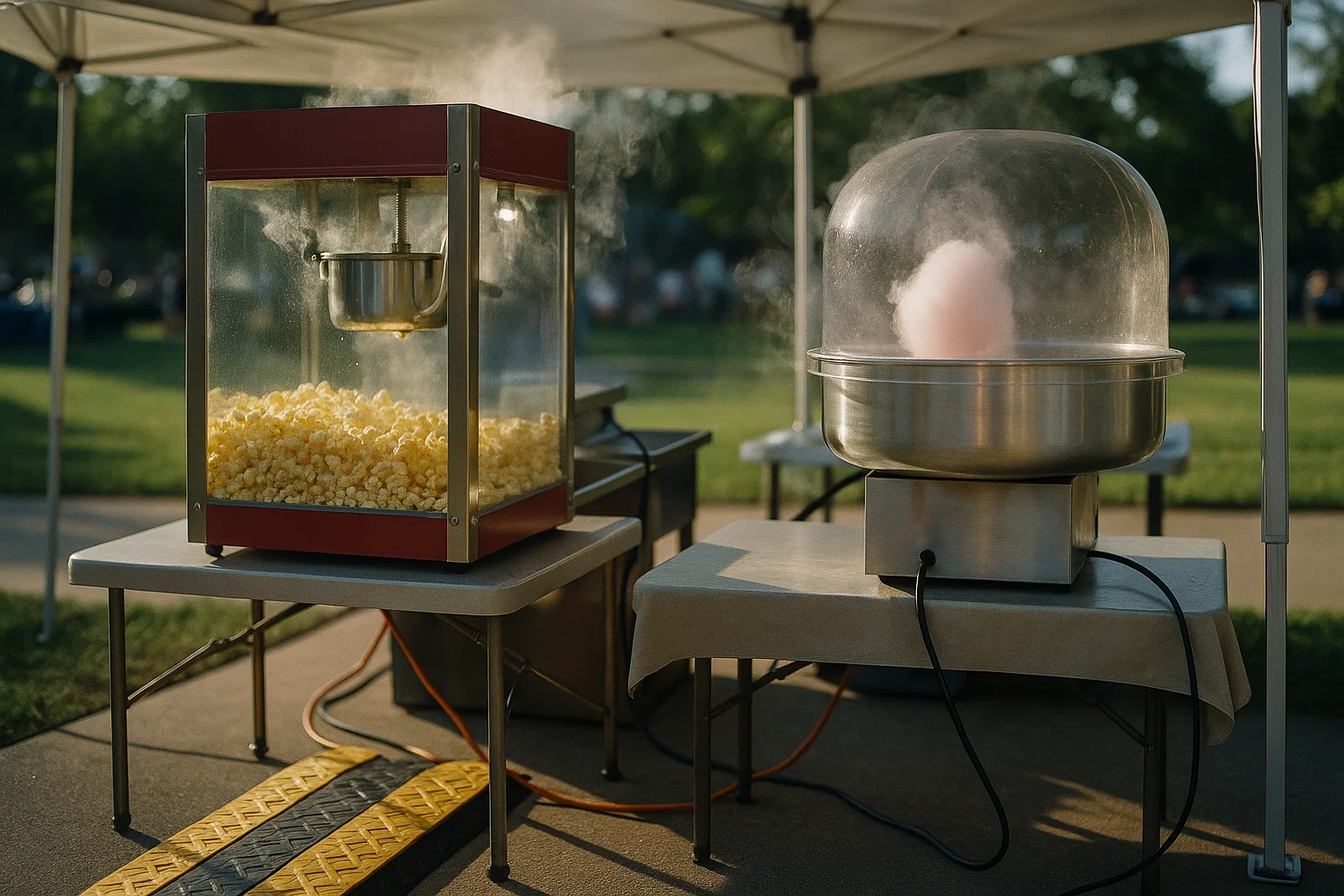 Popcorn and cotton candy machines under a tent on separate circuits with a cable ramp across the aisle