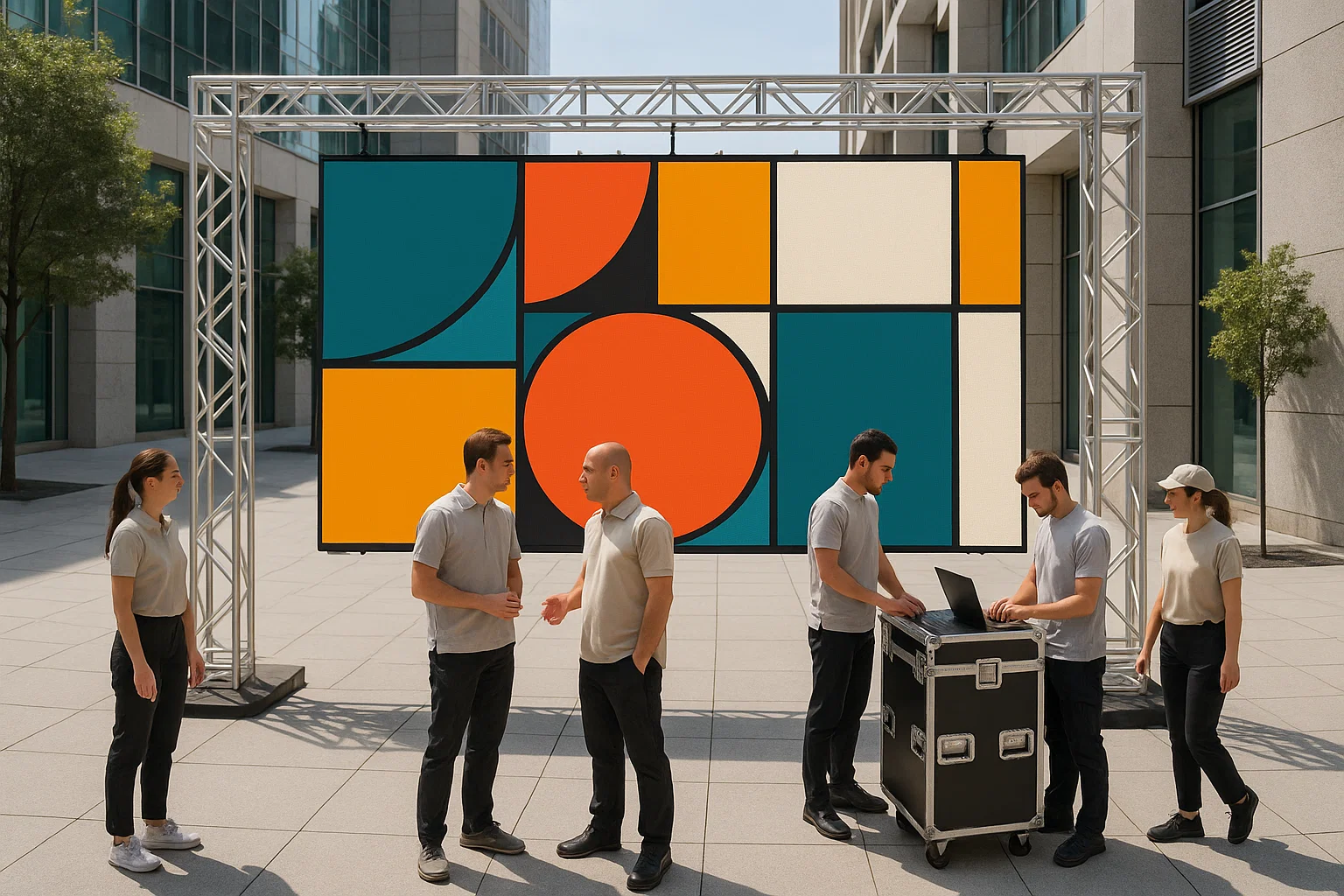 LED wall showing abstract branding graphics at a daytime corporate event