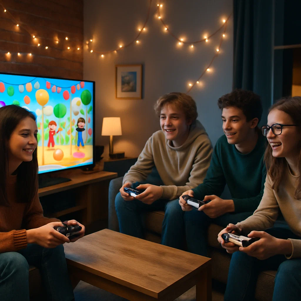 Teens on low couches playing party game on big screen