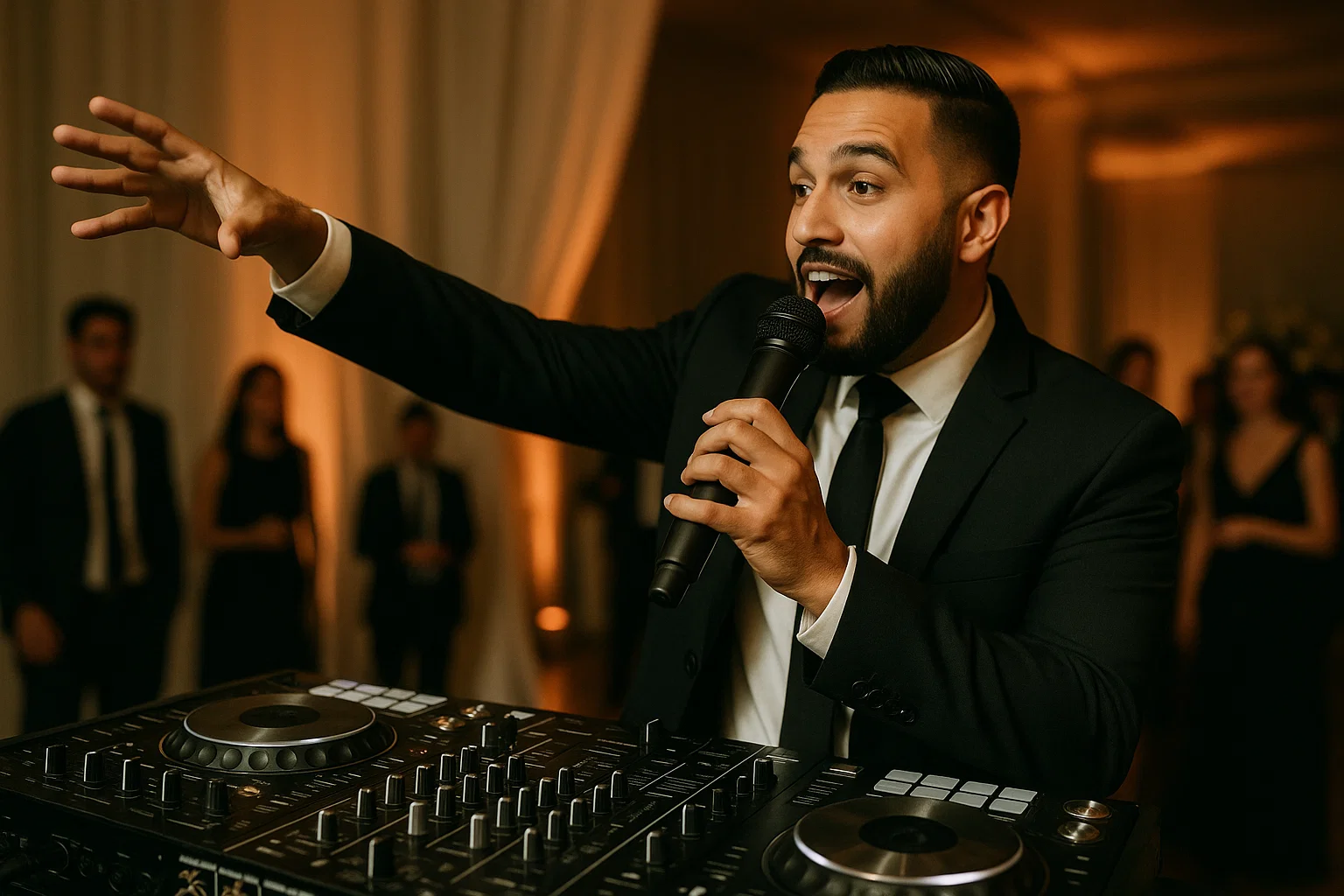 DJ con micrófono inalámbrico e iluminación de ambiente