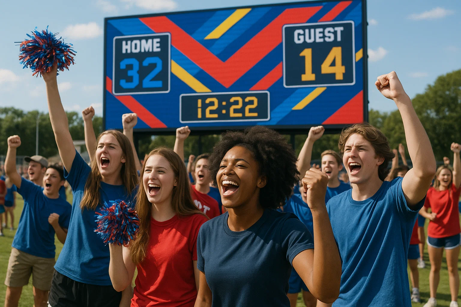 LED wall at a school rally showing bright graphics in daylight