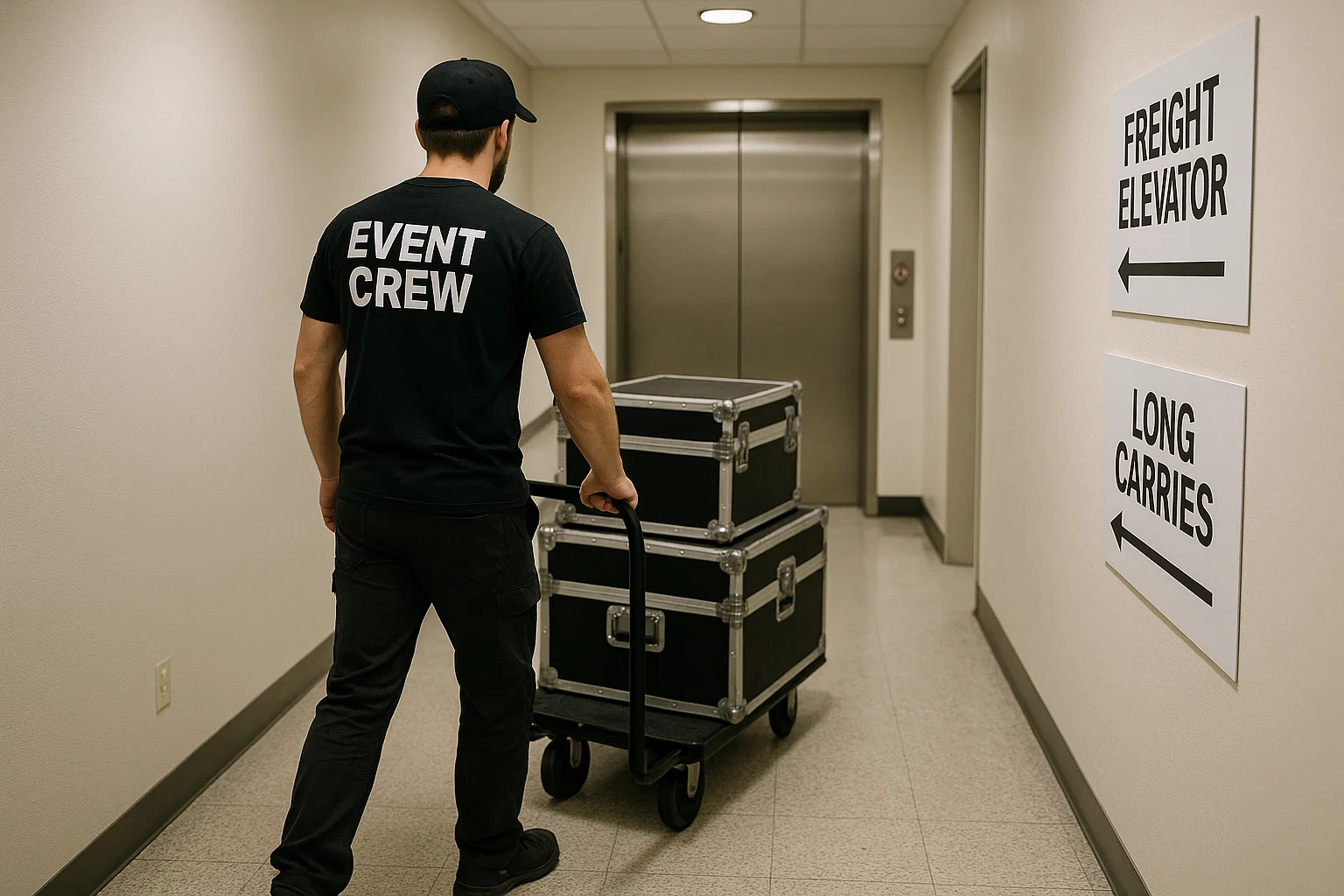 Event crew moving cases to a freight elevator with a hand truck