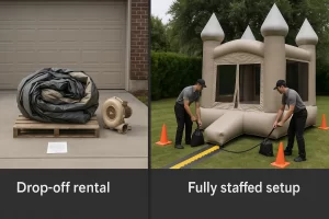 Split image showing a drop-off pallet on one side and a staffed crew safely setting up equipment on the other