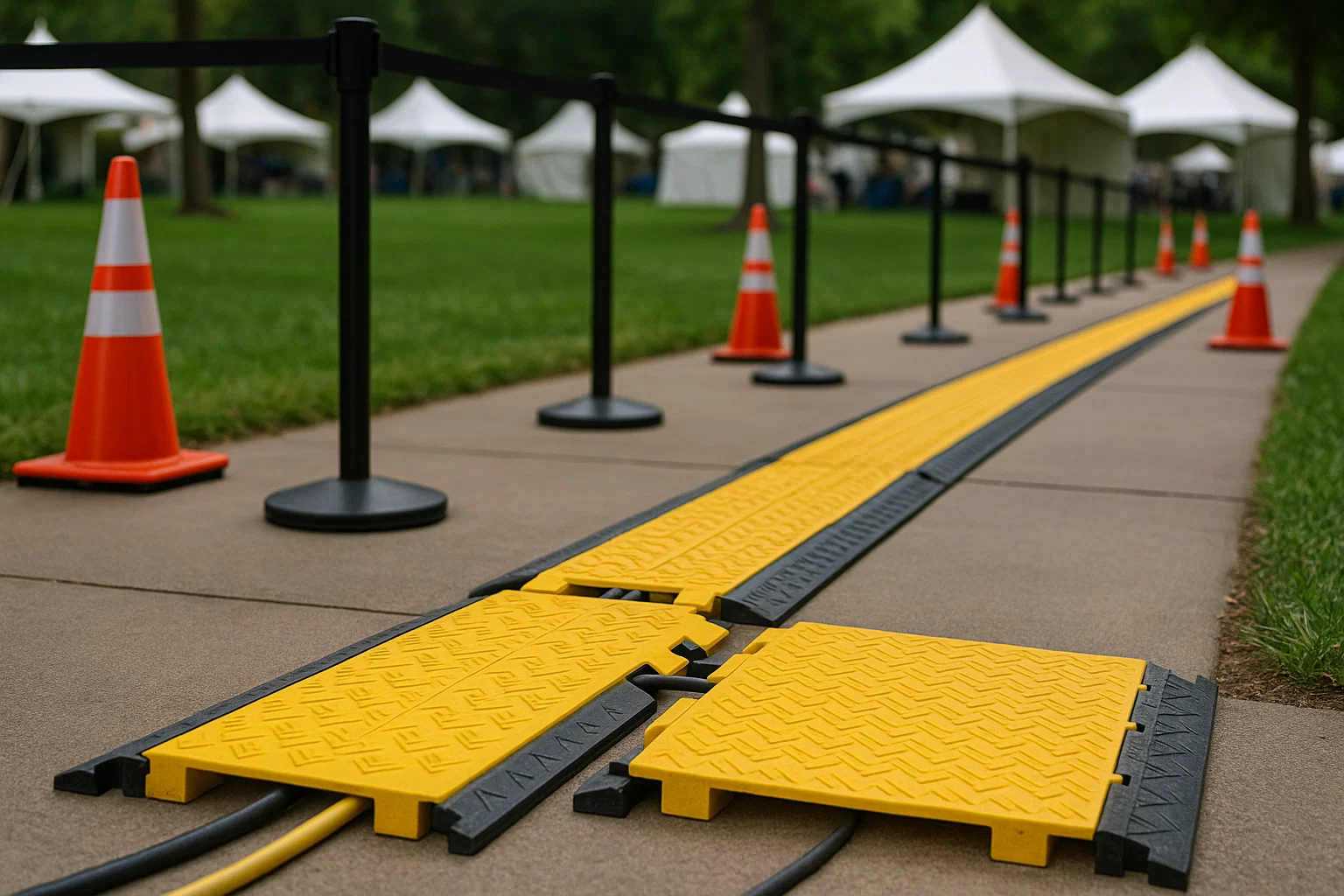 Long outdoor cord run protected by yellow cable ramps across a walkway with cones and stanchions