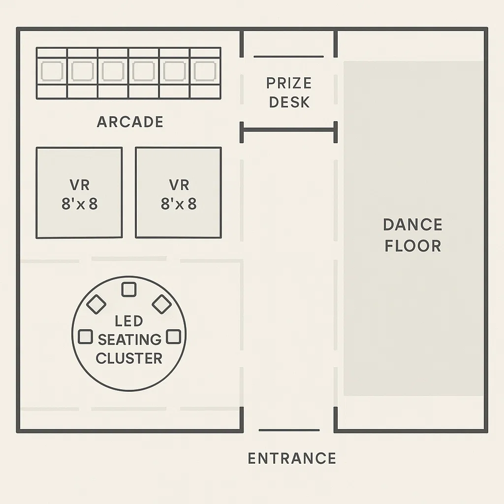 Top-down layout showing arcade strip, VR bays, glow seating, lanes