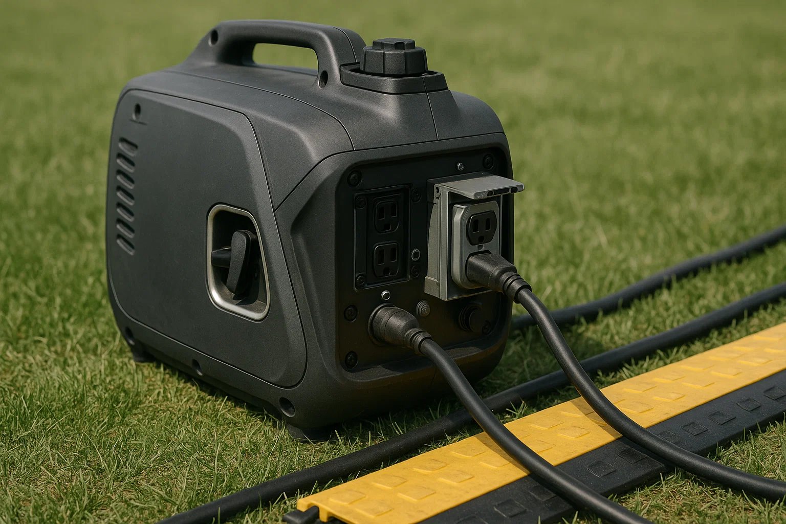 Close view of a quiet gas inverter generator with GFCI distribution and a cable ramp