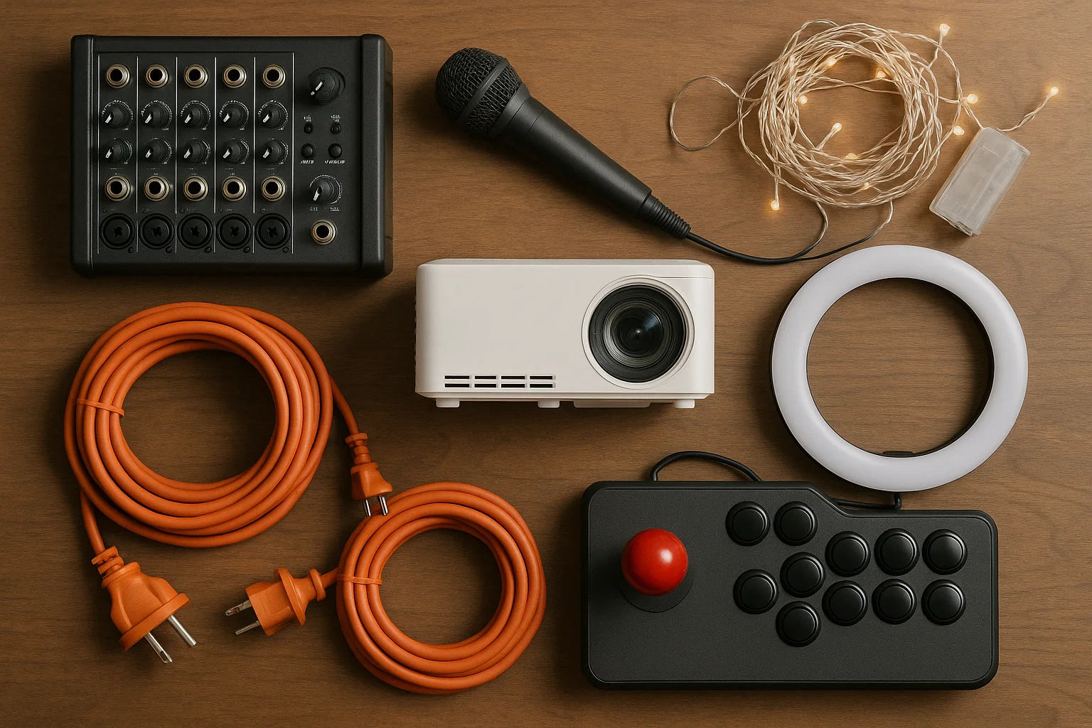 Flat lay of compact PA projector ring light LED string lights and coiled outdoor cords