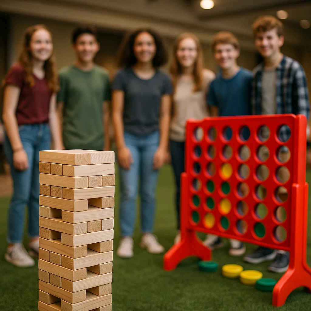 Oversized Jenga and Connect 4 surrounded by guests