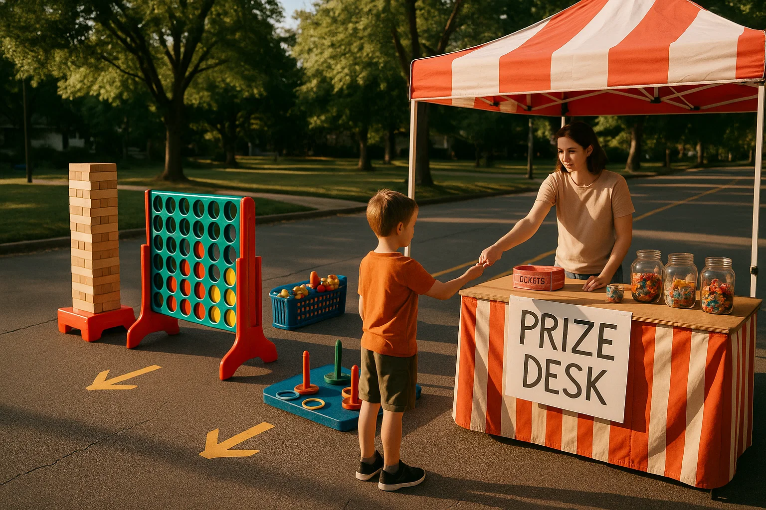 Giant games beside a staffed prize desk where a volunteer hands out tokens and prizes