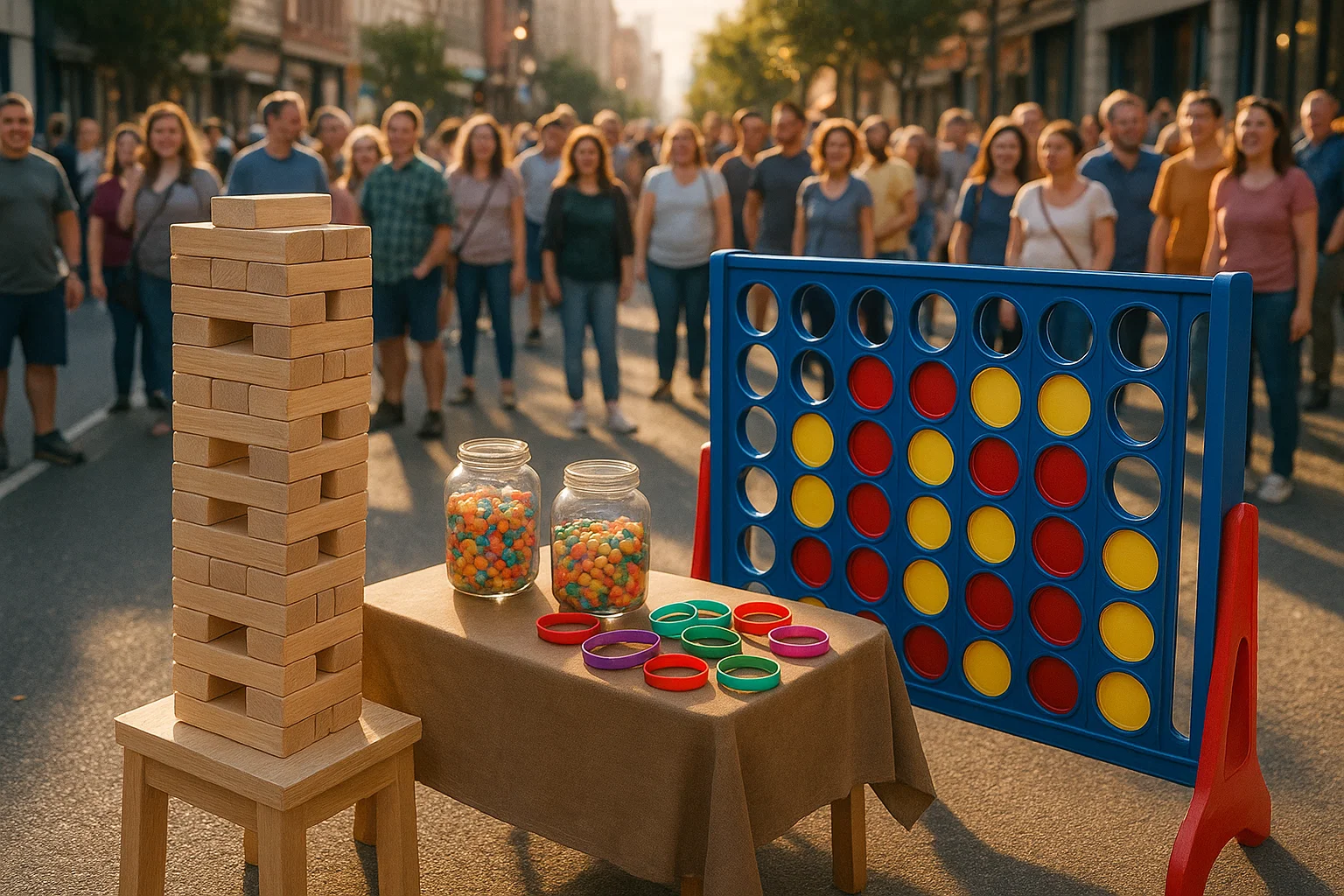 Oversized Jenga and Connect Four beside a small prize table at a block party