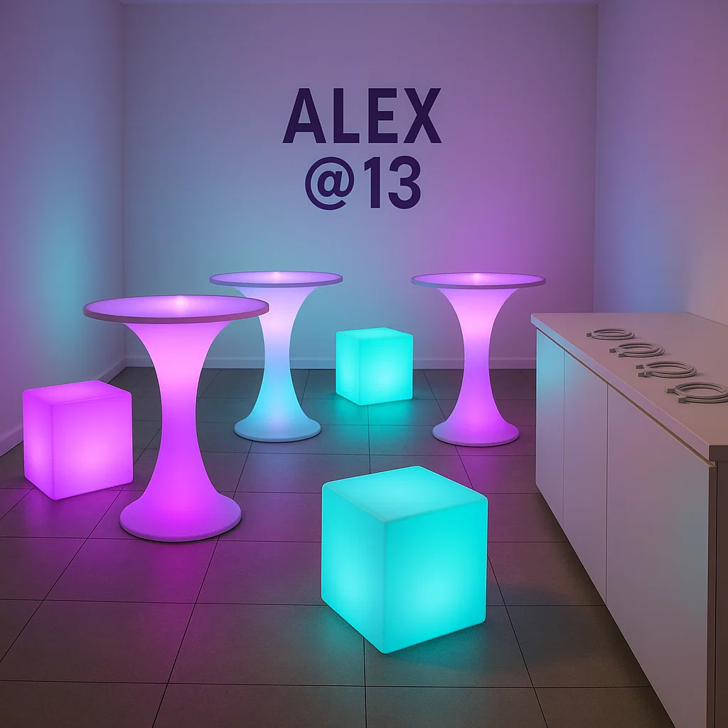 LED cocktail tables and cube seating with phone charging bar