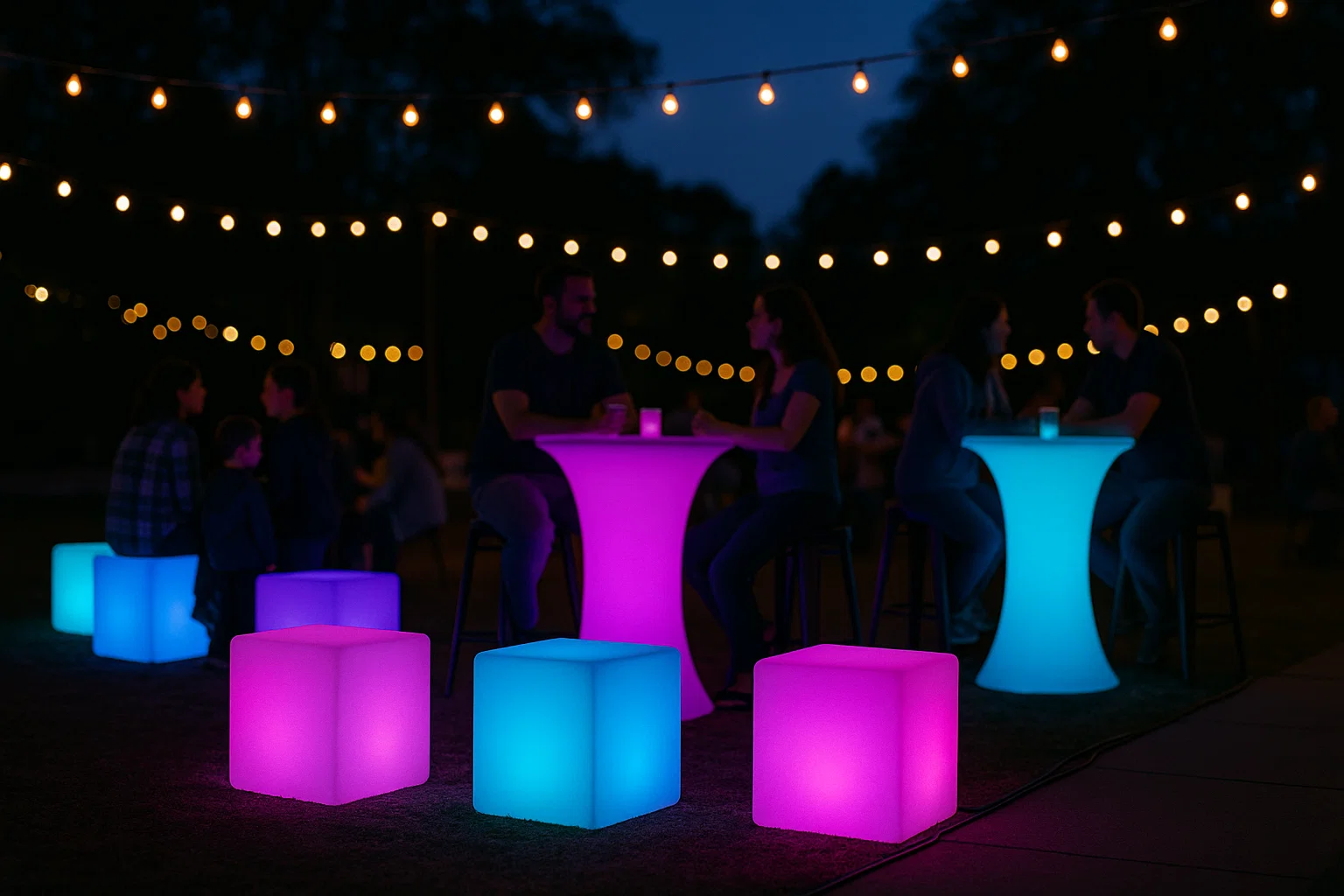 LED cubes and cocktail tables creating a glow lounge at dusk during a school carnival