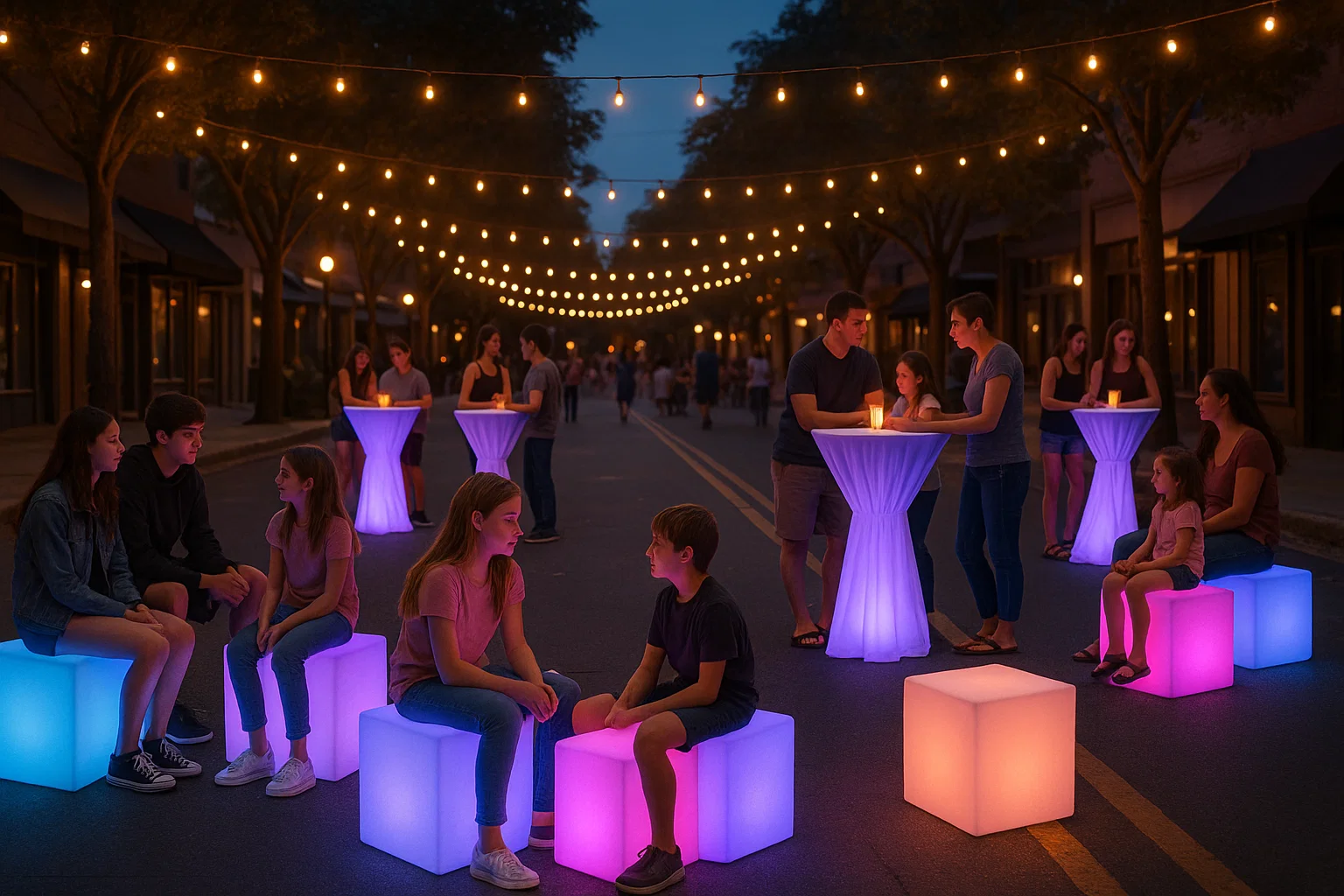 LED lounge furniture creating a glow ambiance at a neighborhood block party