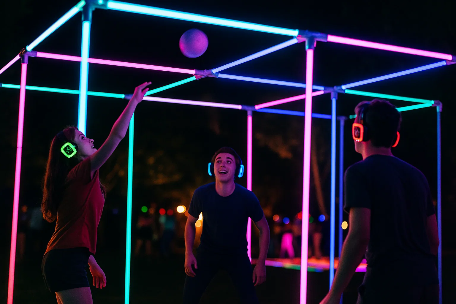 Glow nine square game next to the silent disco dance area with participants wearing headsets