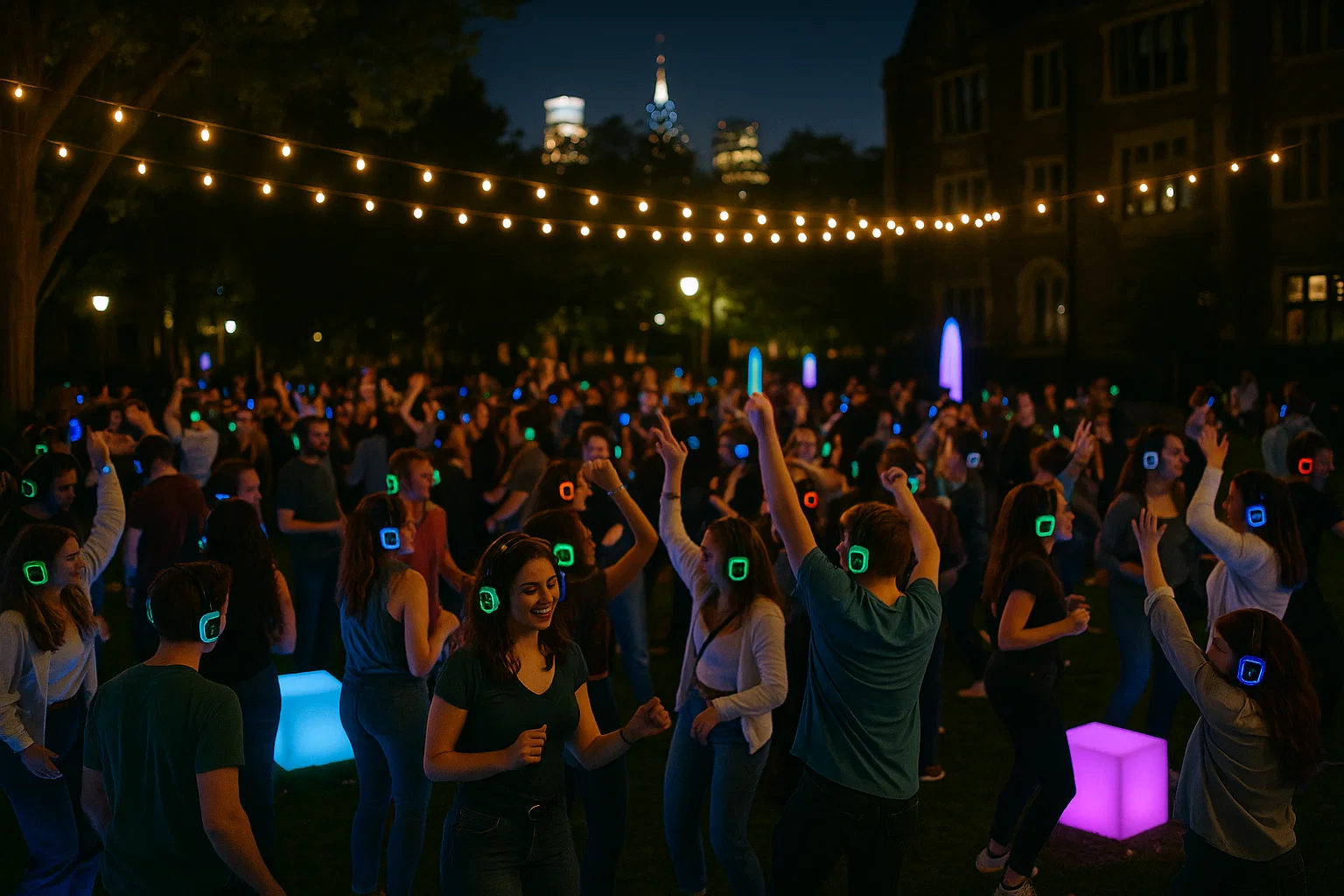 Silent disco in Philadelphia with guests wearing LED wireless headsets under string lights and glow décor