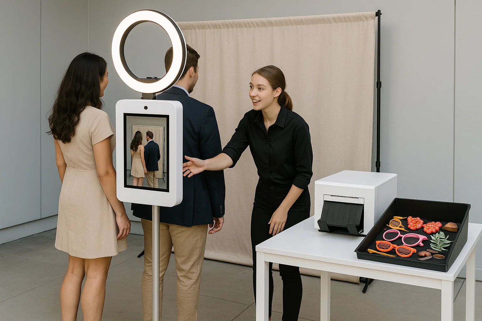 Open-air photo booth with an attendant and a backdrop at an event