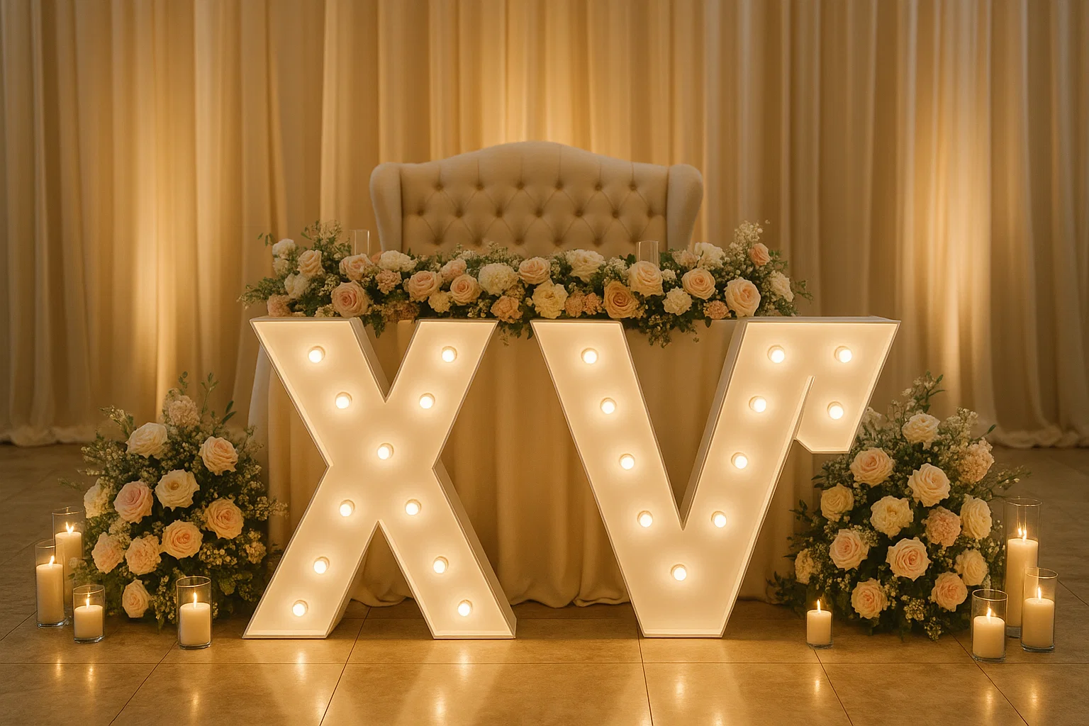 Illuminated XV marquee letters and rentals for Quinceañera celebrations