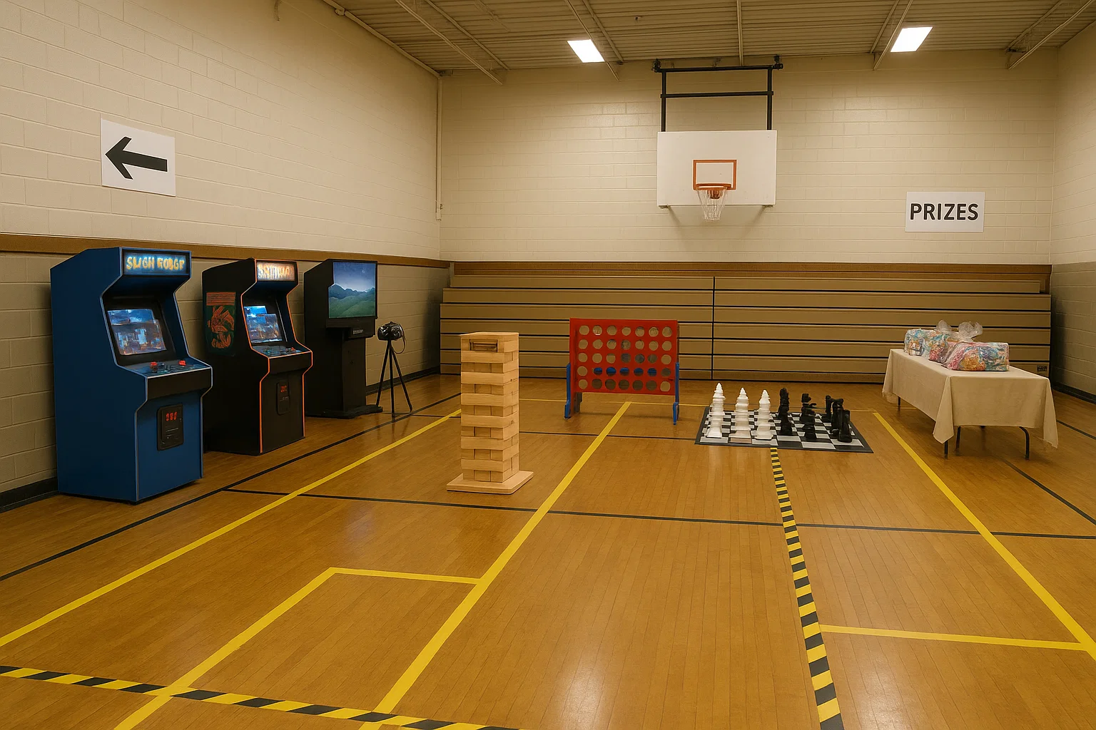 School gym arranged with arcade/VR, giant games, and a prize desk for a rain plan