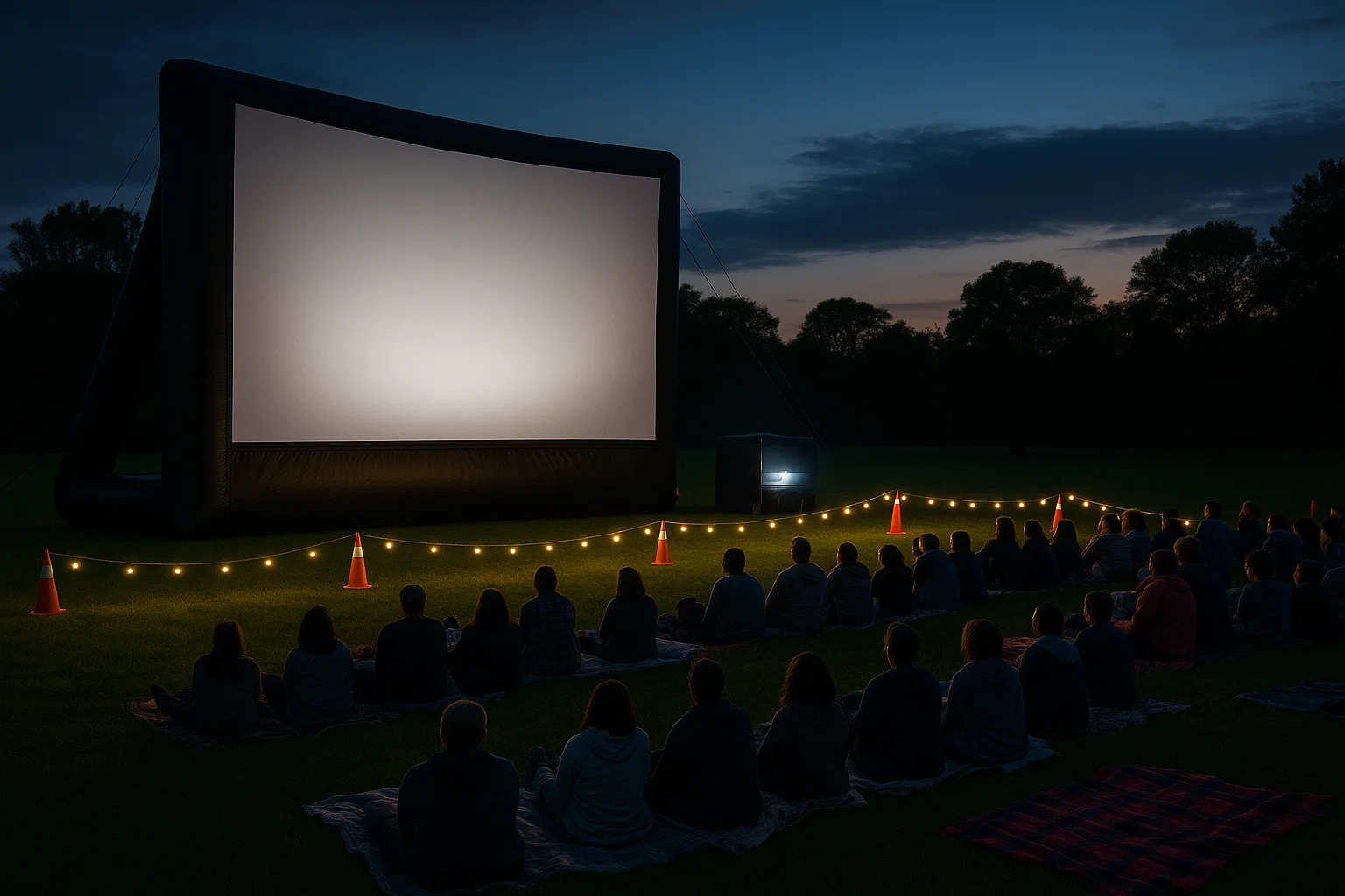 Inflatable movie screen at dusk with families on blankets watching a film