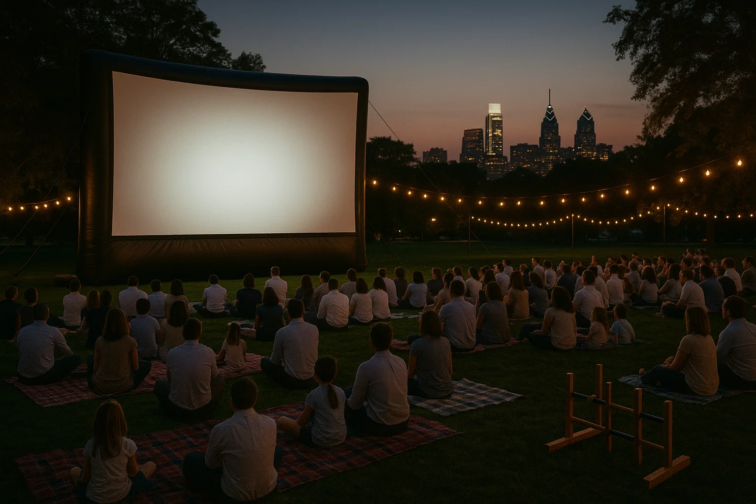 Inflatable outdoor movie screen glowing at sunset during a corporate picnic with employees and families watching under string lights