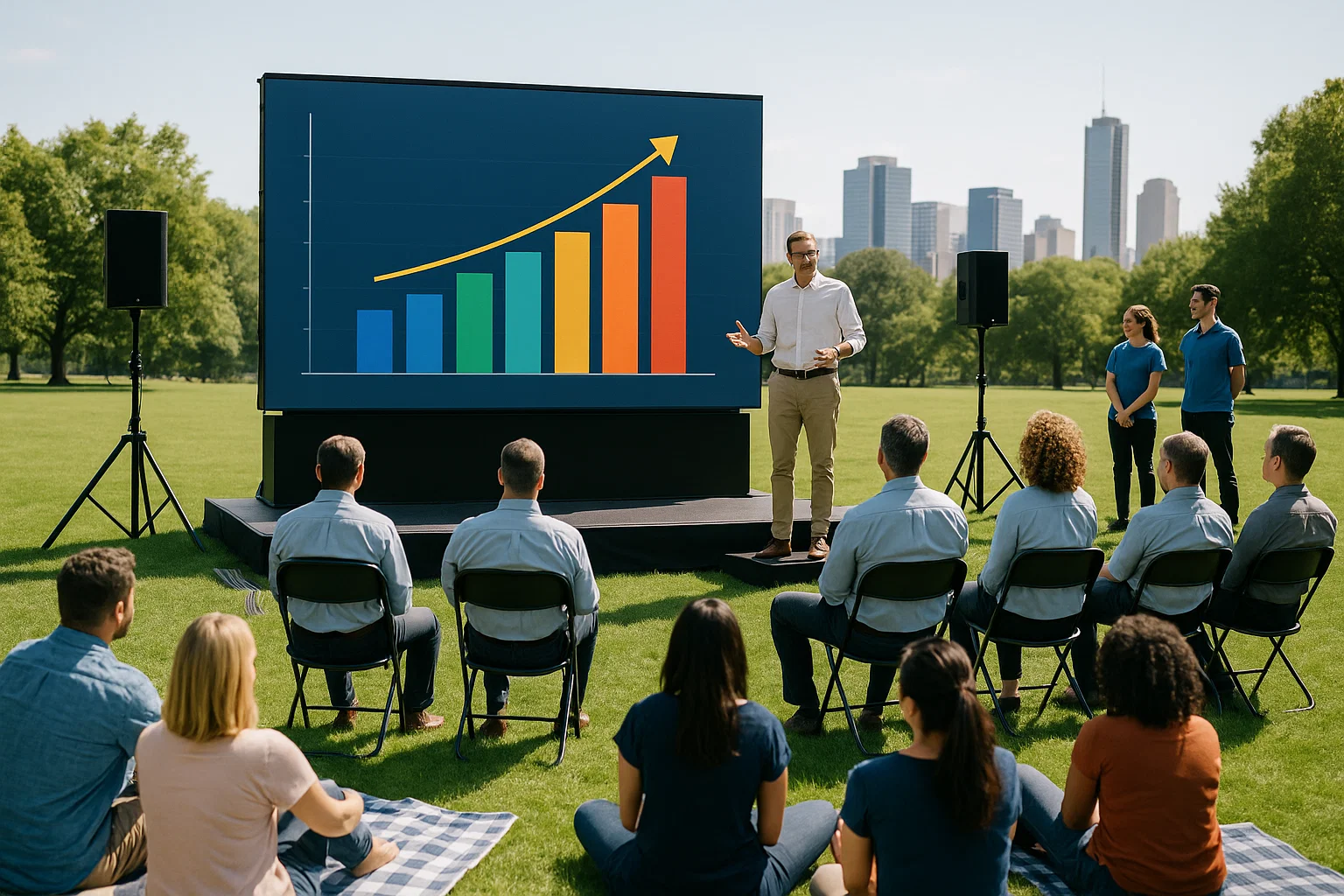 Bright LED video wall on stage at a Philadelphia corporate picnic showing vivid graphics under sunlight with seated employees watching