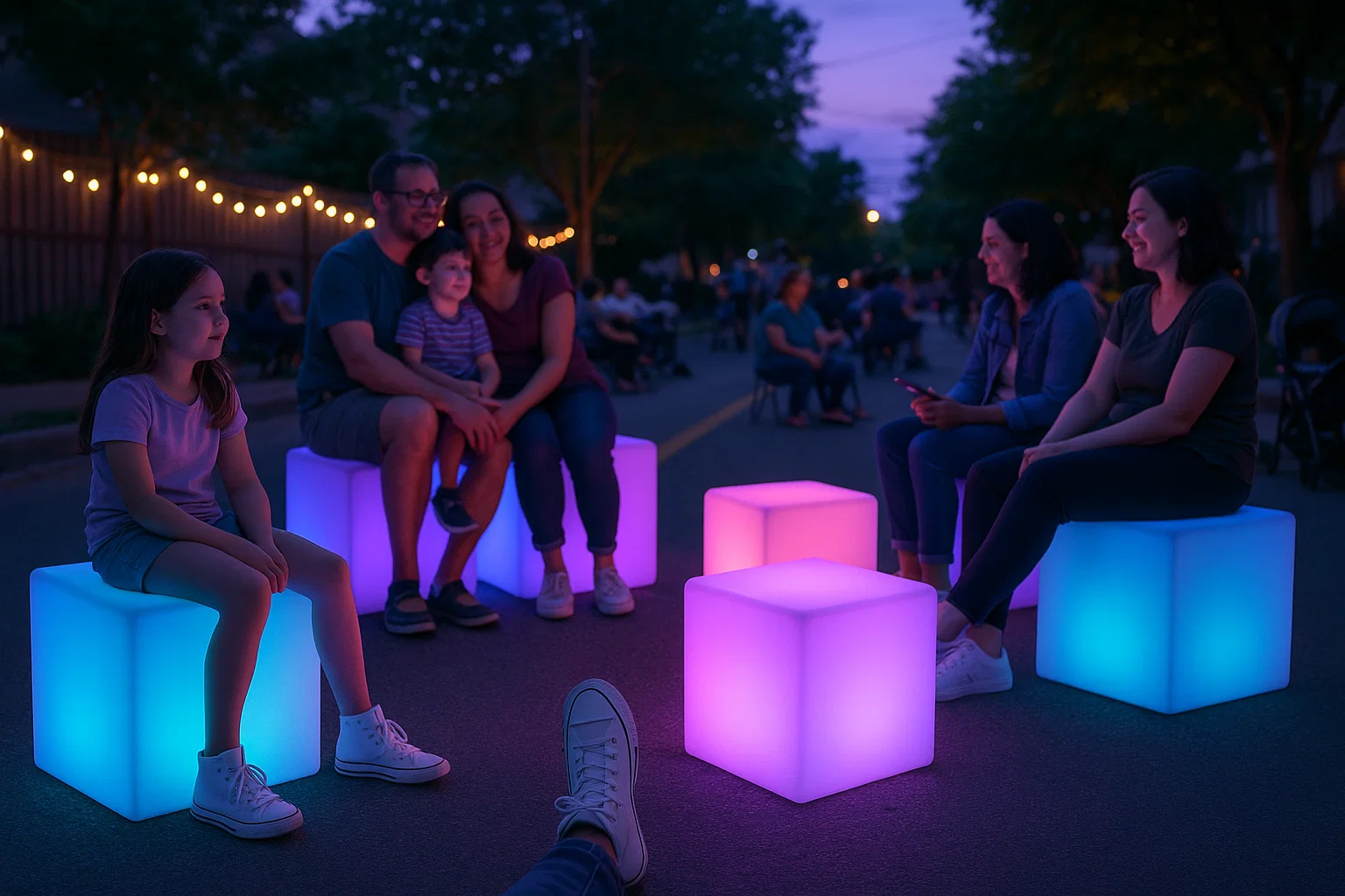 LED cubes and cocktail tables creating a glow lounge ambiance outdoors
