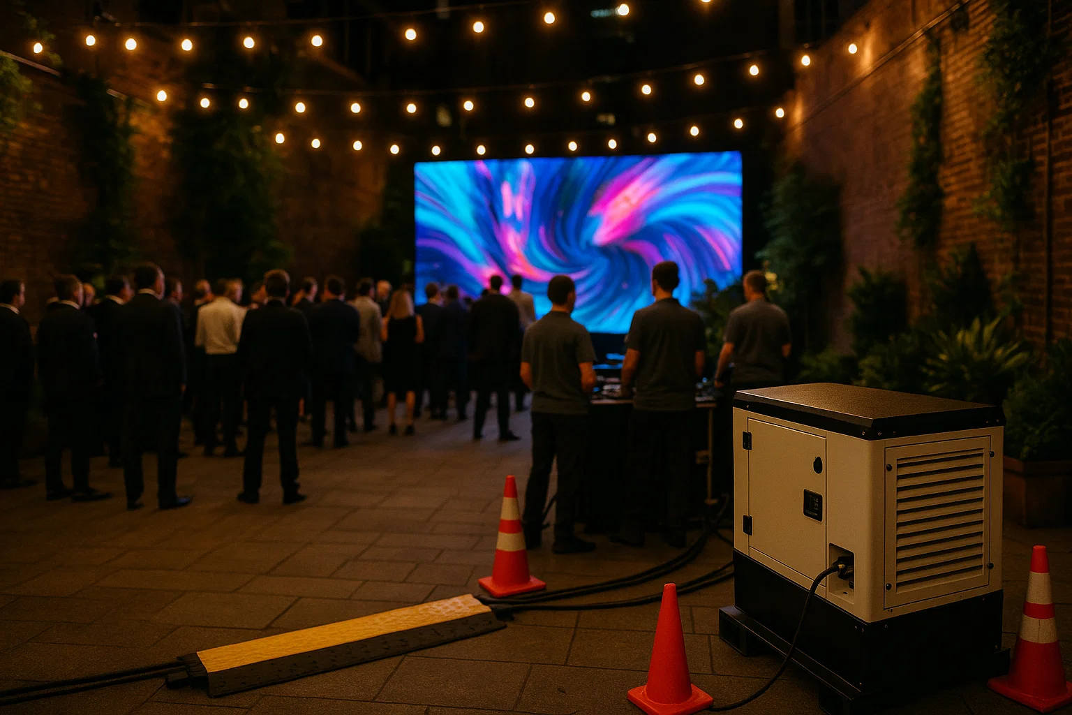 LED video wall glowing in an urban courtyard at night during a corporate event with staff operating sound and power equipment