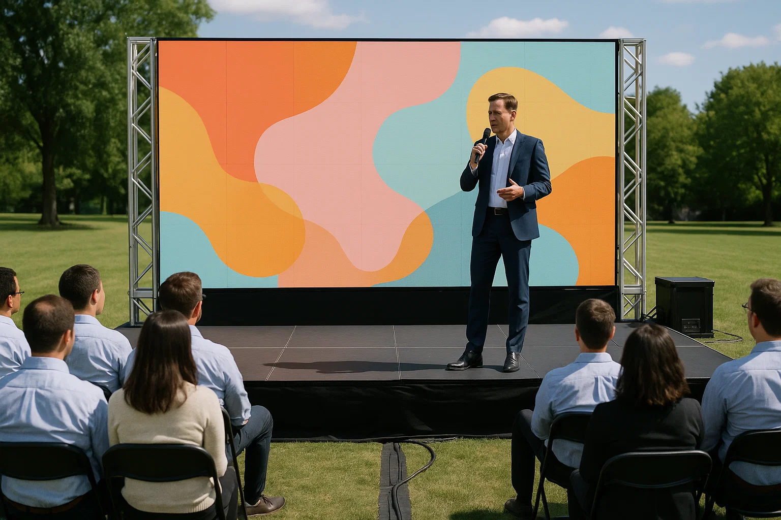 LED video wall on a small stage at a corporate picnic with a presenter and compact PA