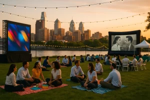 Corporate summer picnic in Philadelphia with business-casual crowd on a green lawn, side-by-side LED video wall and inflatable movie screen, bistro lights, skyline in background at golden hour