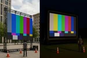 Split image showing a bright LED wall in daylight and an inflatable movie screen after dark