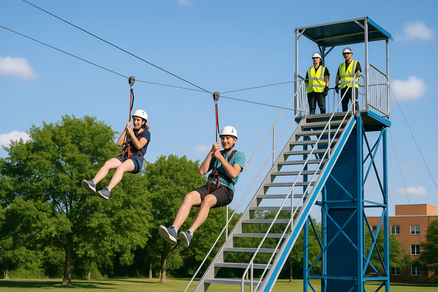 Tirolesa móvil de doble carril con personal