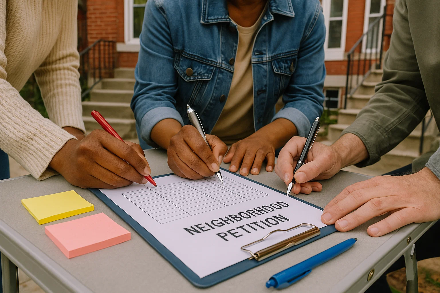 Residents signing a block party petition on a clipboard