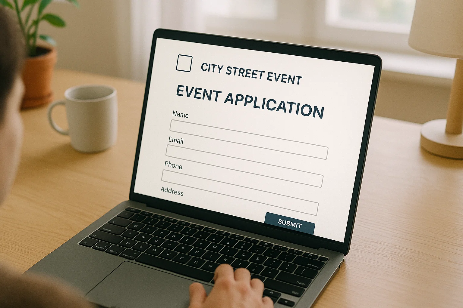Laptop showing a generic city street event application form