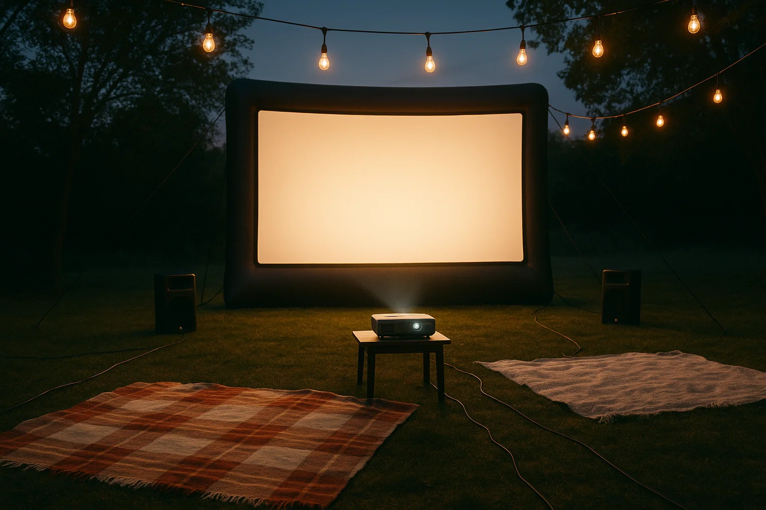 Inflatable movie screen at dusk with a projector small PA and string lights at a neighborhood gathering