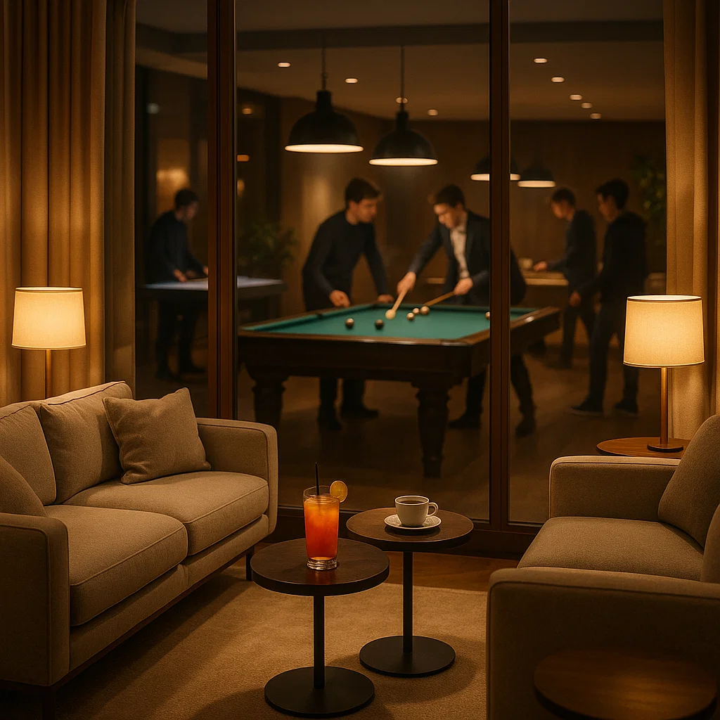 Adult lounge seating overlooking teen game area