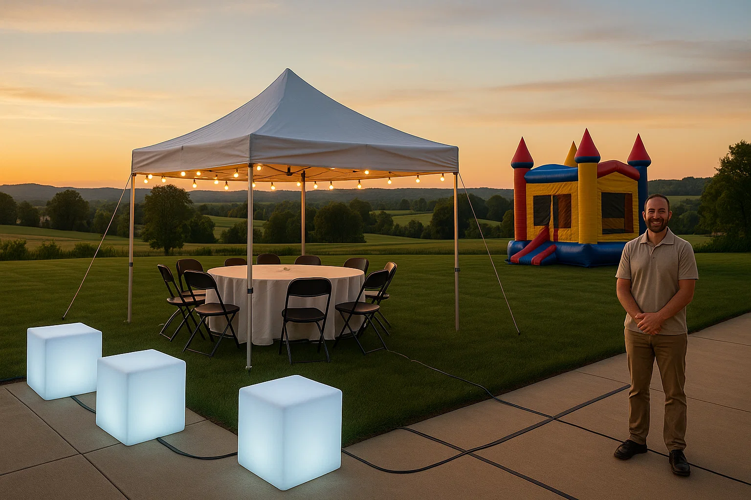 Backyard event in Pennsylvania with a small tent, LED lounge pieces, and a bounce house at sunset