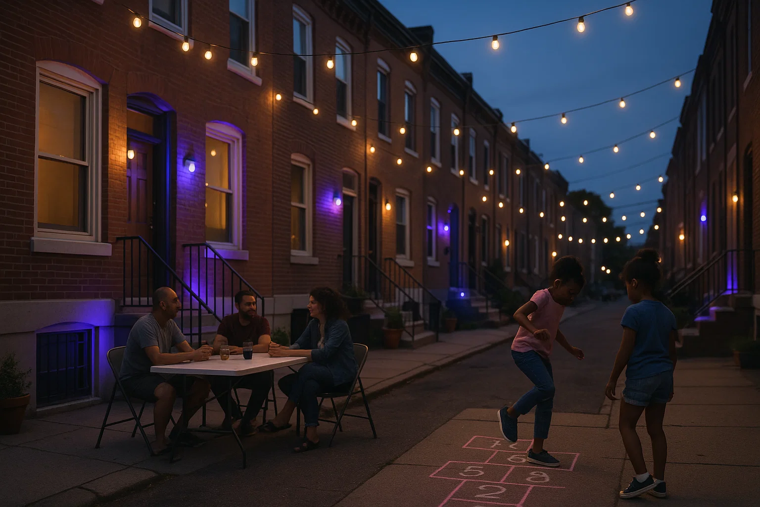 Philadelphia rowhouse street with string lights and neighbors celebrating a block party at dusk
