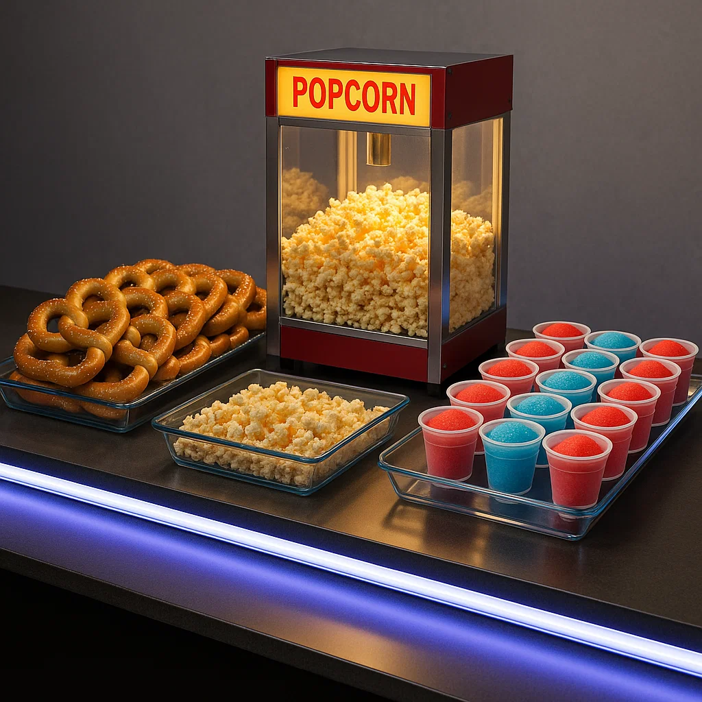 Philadelphia soft pretzels, popcorn, and water ice on LED bar